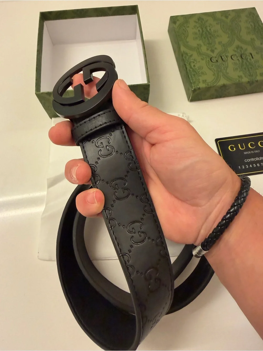 Gucci Black Embossed GG Leather Belt with Matte Black Double G Buckle